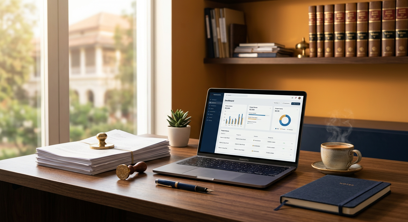 A tidy legal and tax professional's desk with documents and a laptop