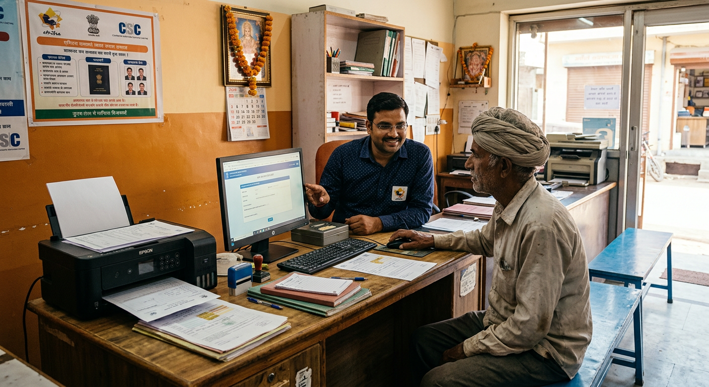 A CSC centre operator helping a local shopkeeper at a computer